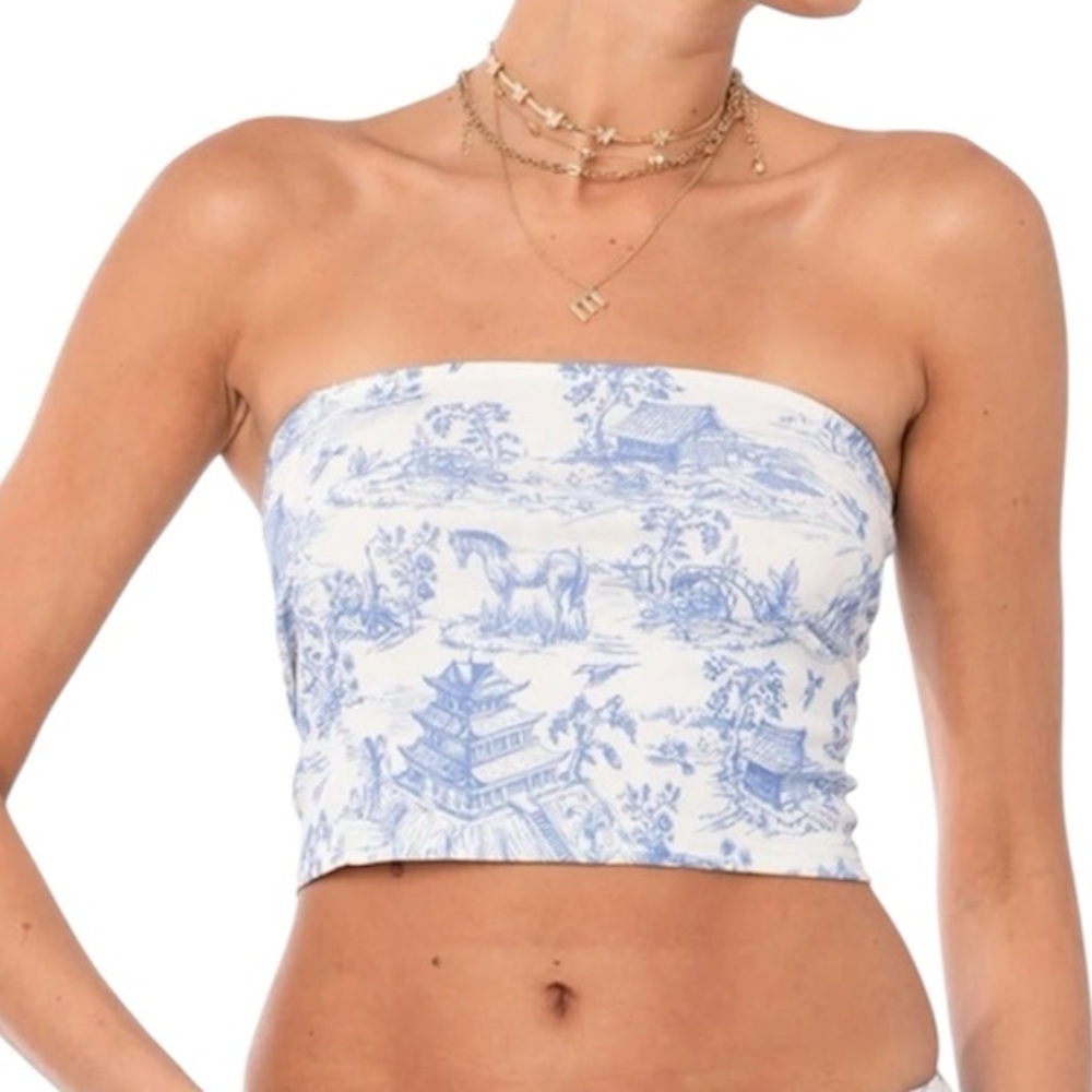 🆕 EDIKTED Delft Print Strapless Top Blue and White Strapless TUBE TOP SMALL